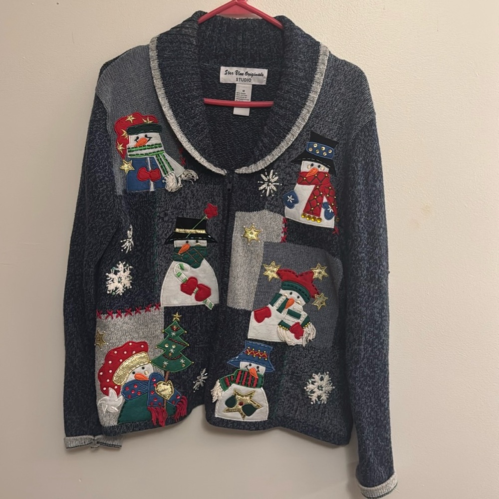 Star Blue Originals Studio Snowman Ugly Christmas Cardigan Zip Sweater Vintage M
